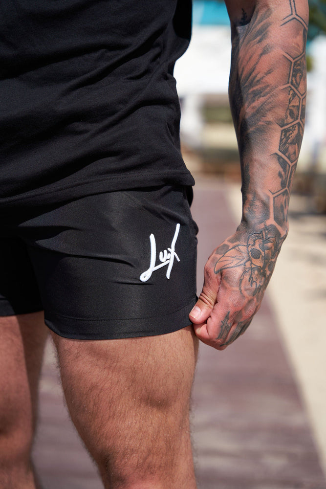 LUX SPORT - Luxury Athleisure Wear Mens Shorts Premium Swim Shorts - Black/White - (Pre-Order 26th May)